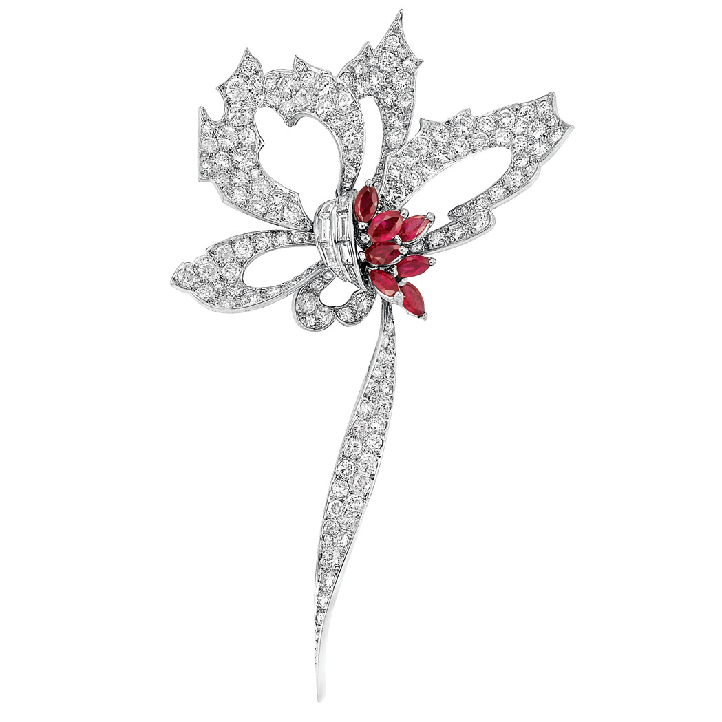 Appraisal: Diamond and Ruby Flower Bow Clip-Brooch Chaumet Platinum kt white