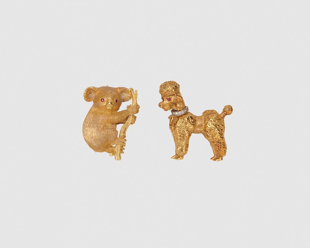 Appraisal: Two Gold and Gemset Animal Brooches Two Gold and Gemset