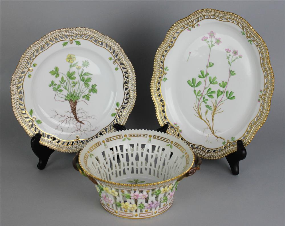 Appraisal: THREE ROYAL COPENHAGEN 'FLORA DANICA' RETICULATED TABLEWARES green printed and