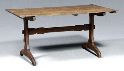 Appraisal: Yellow pine harvest table three-board top with battened ends trestle