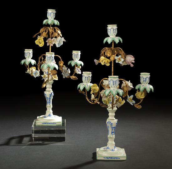 Appraisal: Unusual Pair of French Gilt Wrought-Iron-Mounted Blue and White Porcelain