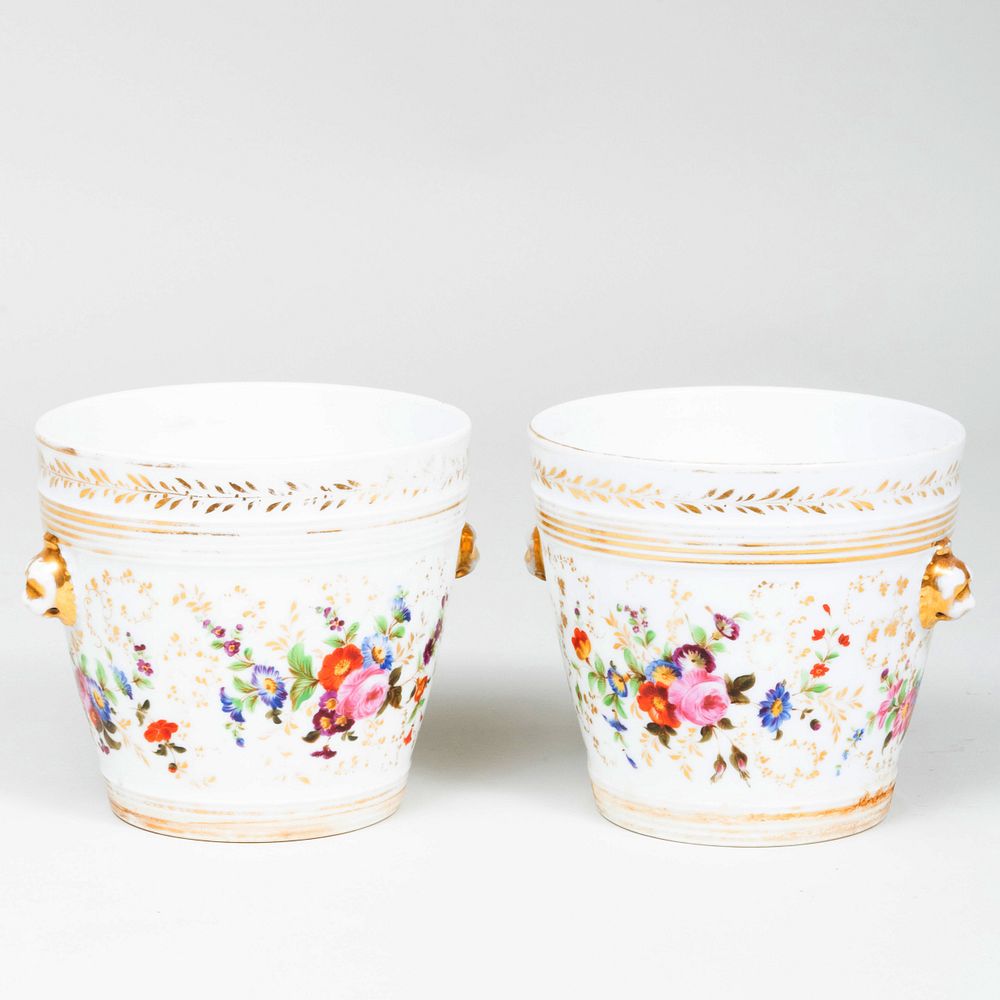 Appraisal: Pair of Porcelain Painted Cachepot x in Condition Lacking underplates