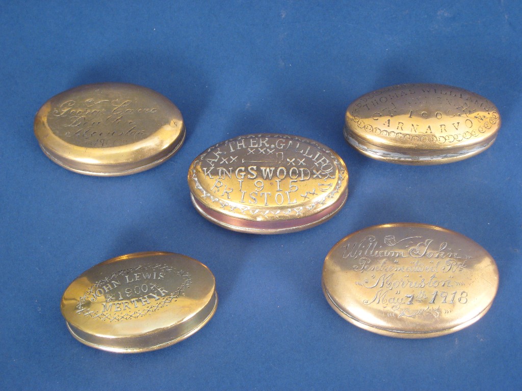 Appraisal: Five early th Century oval brass Tobacco Boxes John Lewis