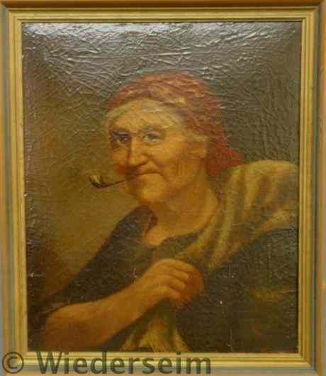 Appraisal: Continental oil on canvas portrait of an old woman smoking