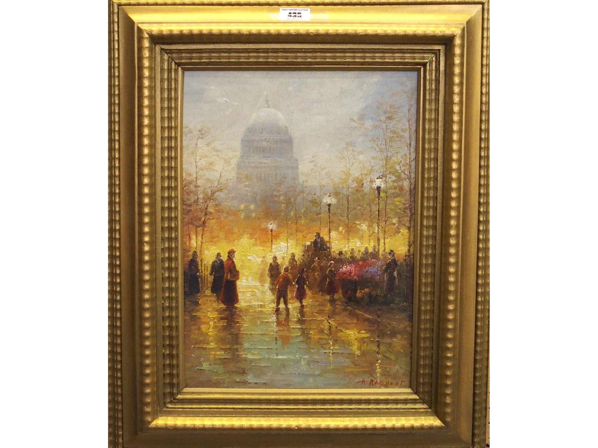 Appraisal: RENE RAMBERT Paris street scene in the rain oil on