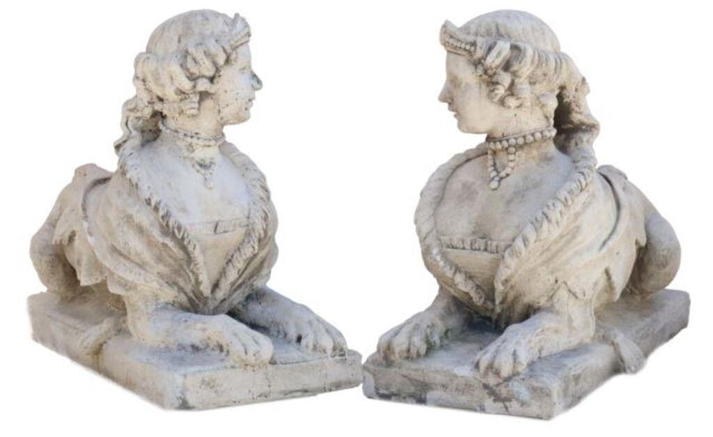 Appraisal: pair Cast stone garden sculptures Bejeweled Sphinxes rising on rectangular