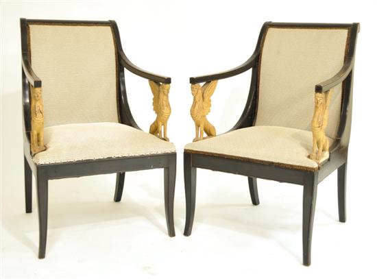 Appraisal: th C pair of painted and upholstered open armchairs carved