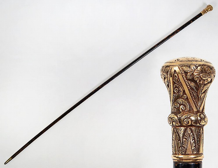 Appraisal: CONTINENTAL ROSE GOLD AND MALACCA WALKING STICKPossibly English th Century