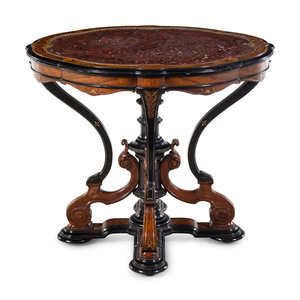 Appraisal: An Aesthetic Movement Parcel Ebonized Burl Walnut Marble-Top Center Table