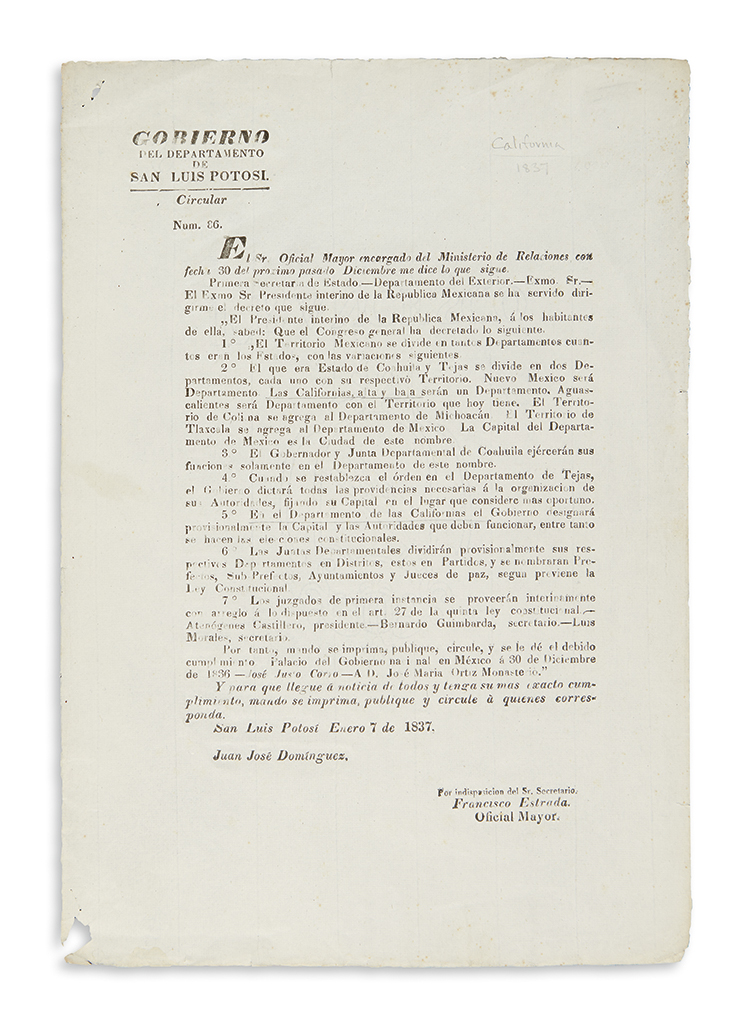 Appraisal: TEXAS Justo Corro Jos Mexican decree establishing the Department of