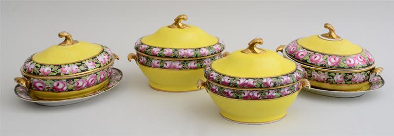 Appraisal: PAIR OF ENGLISH YELLOW-GROUND PORCELAIN SOUP TUREENS COVERS AND STANDS