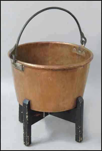 Appraisal: TH CENTURY COPPER APPLE BUTTER KETTLE Raised on a wood