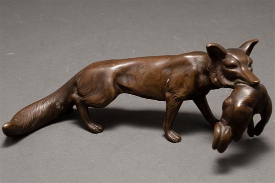 Appraisal: Continental patinated bronze group of a fox with rabbit kill