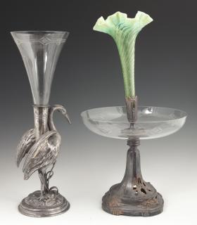 Appraisal: Two French Silverplated Spelter Epergnes th c one of crane