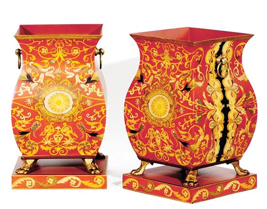 Appraisal: Pair toleware cachepots scroll-and-cartouche painted design on red ground with