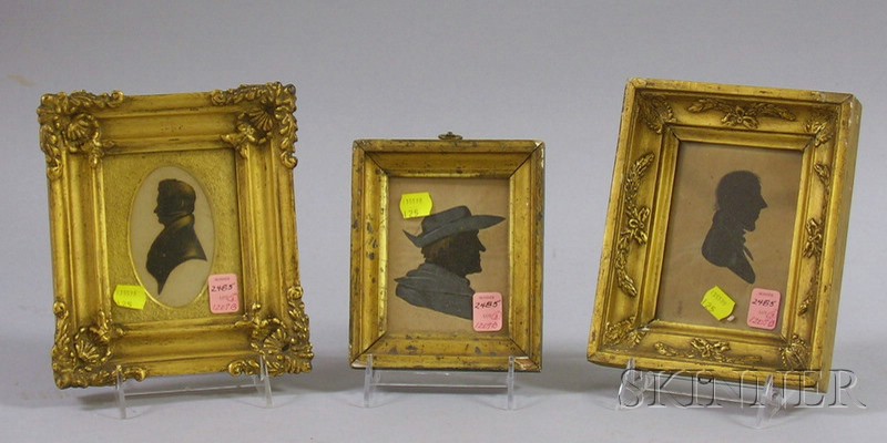 Appraisal: Three Framed Miniature Portrait Silhouettes a watercolor gentleman with a