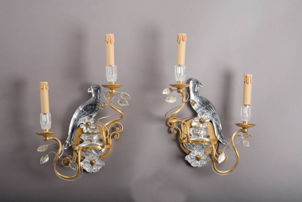 Appraisal: PAIR OF GLASS AND GILT-METAL TWO-LIGHT SCONCES Each standard in