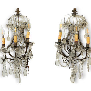 Appraisal: A Pair of French Glass-Beaded Metal Three-Light Sconces Late th