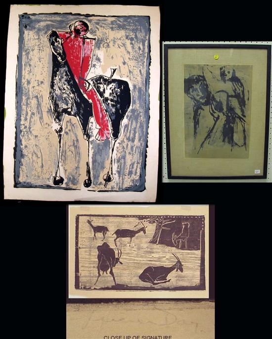 Appraisal: Three items Lucien Day American b woodblock print Five Goats