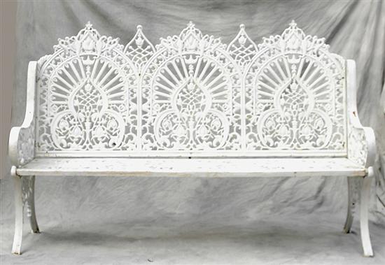 Appraisal: Pair Victorian style painted cast-iron garden benches Gothic-paneled pierced tripleback