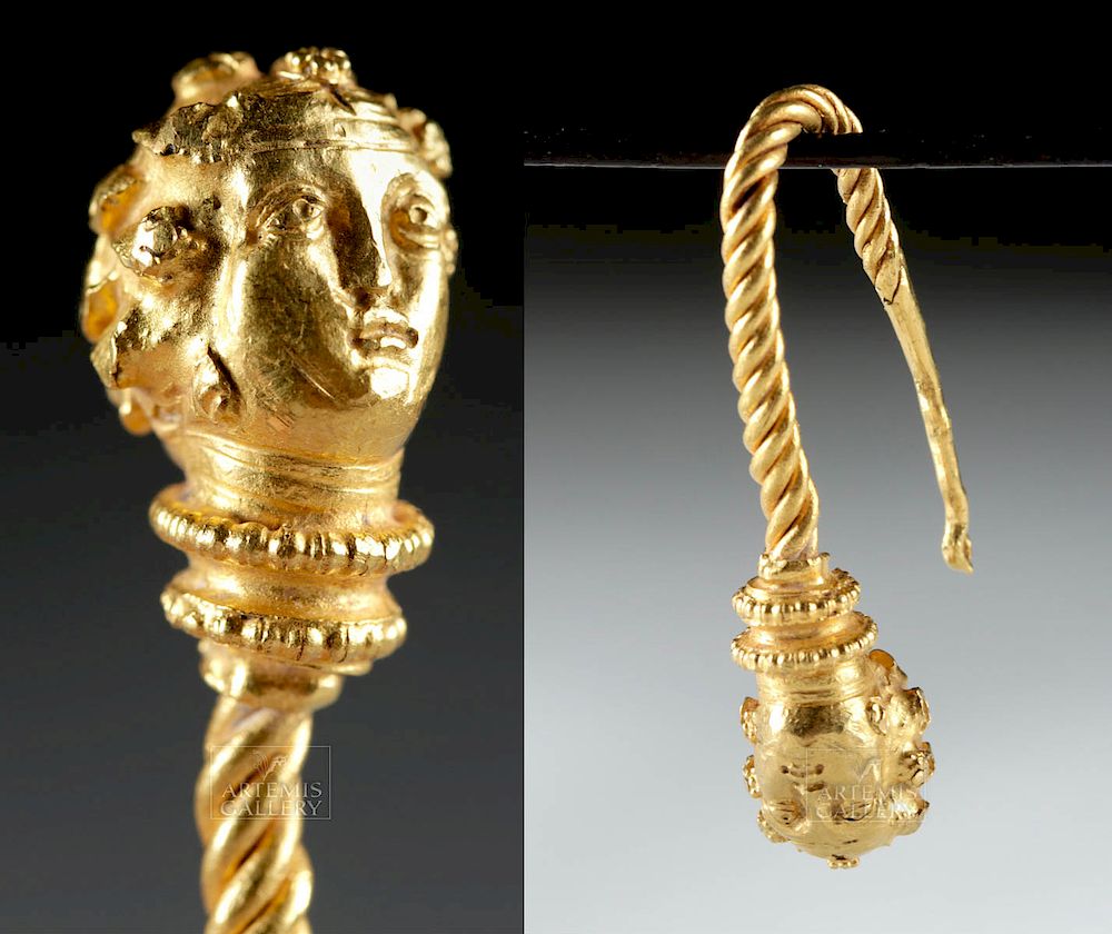 Appraisal: Greek Hellenistic Gold Earring w Dionysus g Greece Hellenistic Period