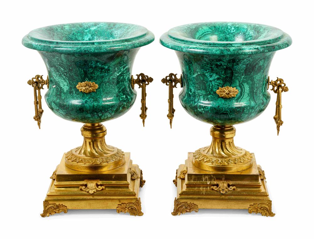 Appraisal: A Pair of Empire Style Gilt Bronze Mounted Malachite Veneered