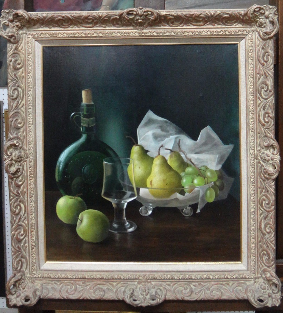 Appraisal: Edna Bizon b Still life of fruit glass and bottle