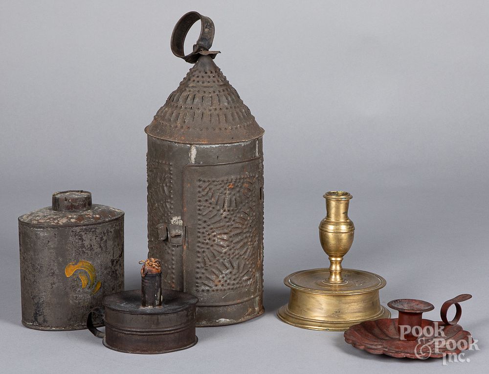 Appraisal: Punched tin lantern Dutch brass candlestick etc Punched tin lantern