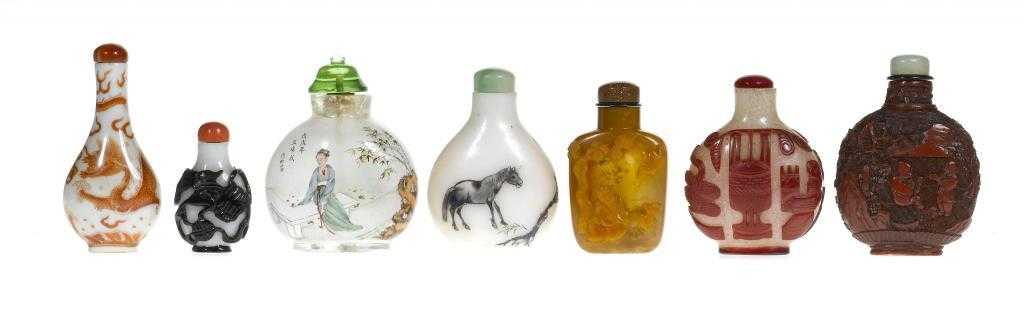 Appraisal: SEVEN CHINESE SNUFF BOTTLES comprising hardstone and painted glass examples