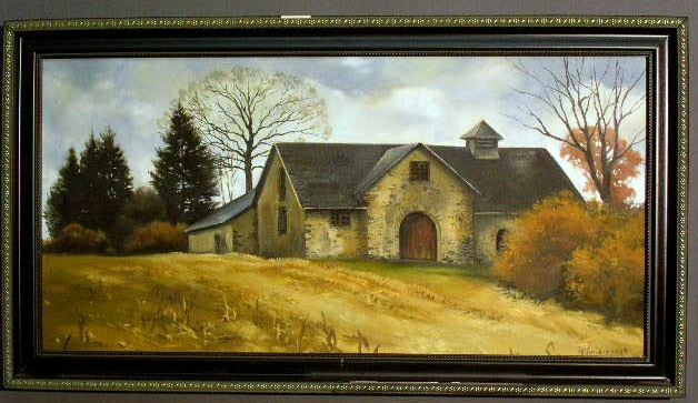 Appraisal: Oil on canvas painting of a stone barn with an