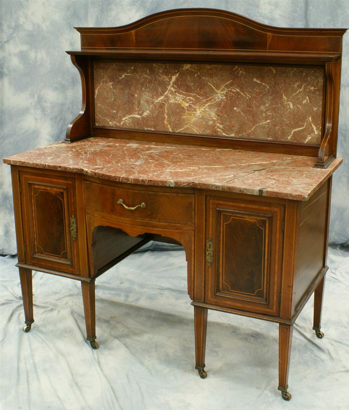 Appraisal: Edwardian Hepplewhite style crotch mahogany banded and string inlaid marble-top