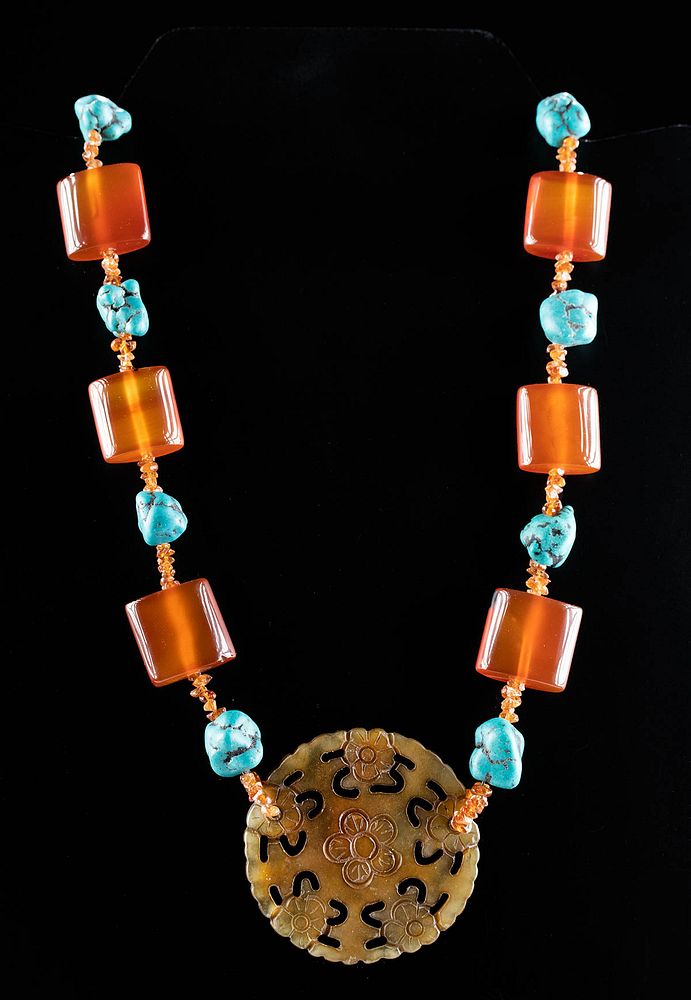 Appraisal: Mid th C Tibetan Silver Agate Turquoise Necklace Central Asia