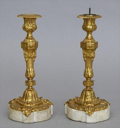 Appraisal: PAIR OF LOUIS XVI-STYLE GILT-BRONZE AND MARBLE CANDLESTICKS Each triangular