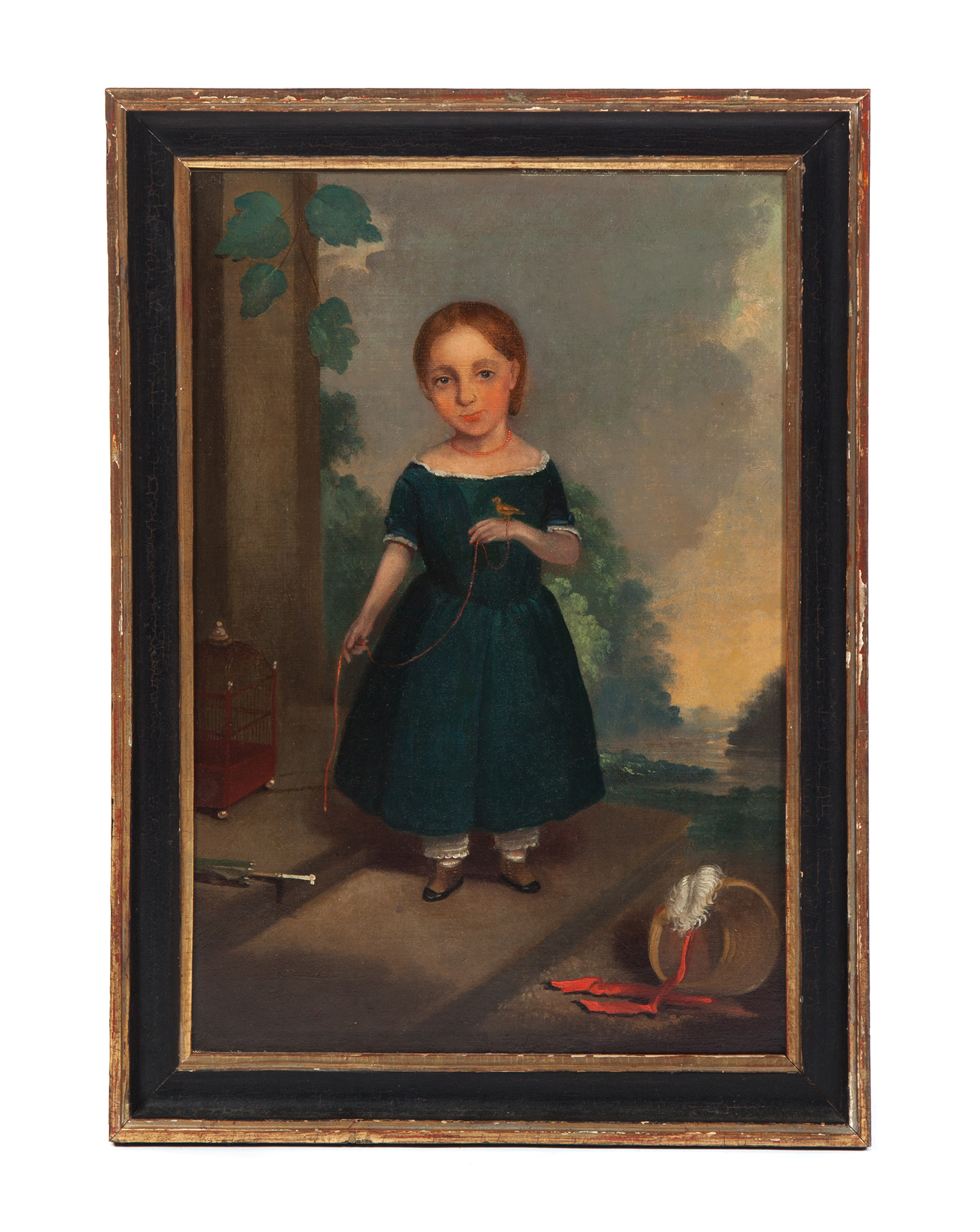 Appraisal: FRAMED OIL ON CANVAS OF YOUNG GIRL WITH BIRD Late