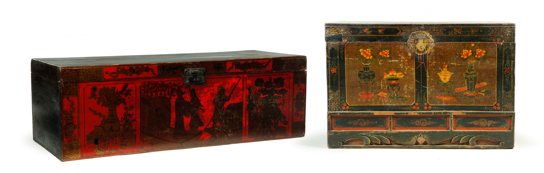 Appraisal: TWO CHINESE RED LACQUERED TRUNKS Late th-early th century Dovetailed