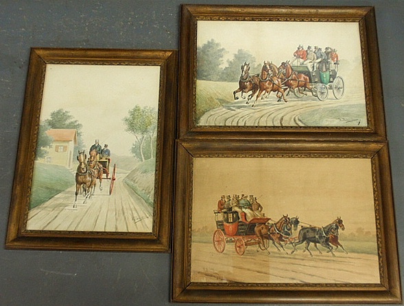 Appraisal: - Three watercolor paintings of carriage coaching scenes two of