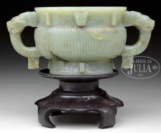 Appraisal: CELADON JADE FOOTED CENSER Qing Dynasty China The rounded body