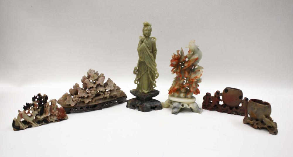 Appraisal: SIX CARVED SOAPSTONE SCULPTURES including depicting standing Guanyin of a