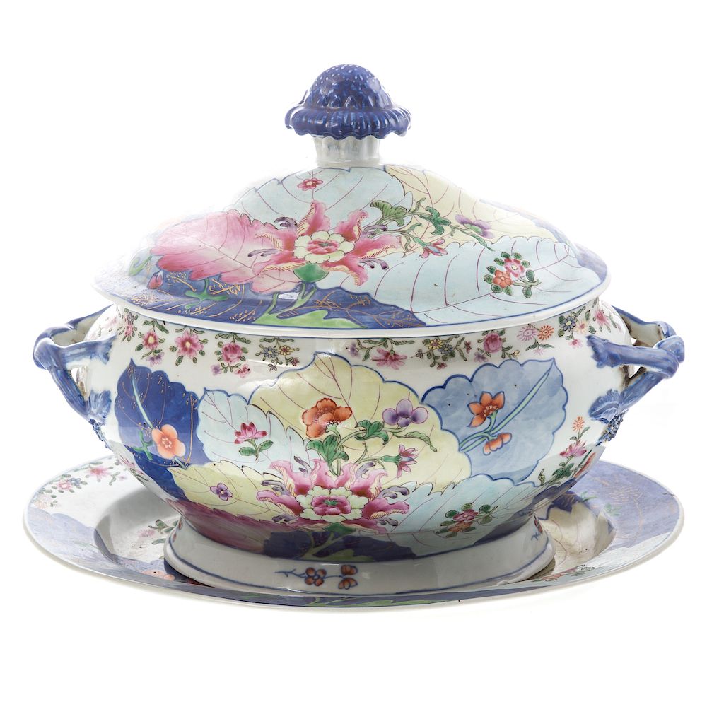 Appraisal: Chinese Export manner Tobacco Leaf soup tureen bulbous form strap