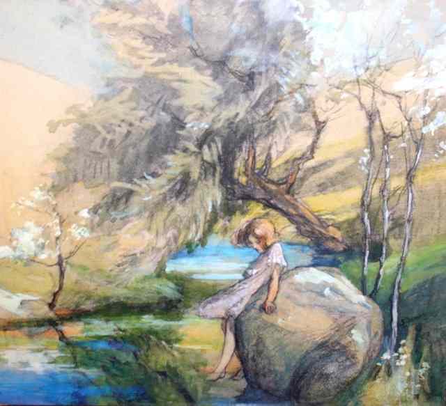 Appraisal: S BowenA young girl perched against a rock and dipping