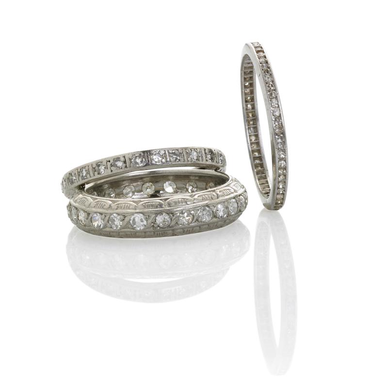 Appraisal: THREE ART DECO DIAMOND PLATINUM ETERNITY BANDS Condition Report