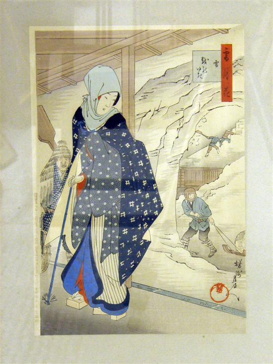 Appraisal: Japanese print figures in winter scene signed h w in