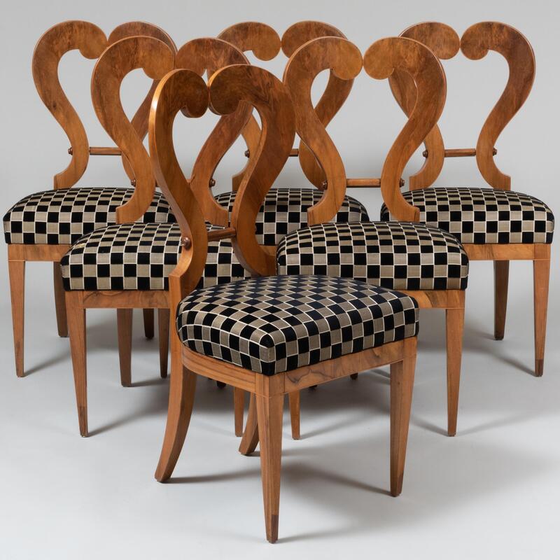 Appraisal: Set of Six Austrian Biedermeier Walnut Side Chairs with Lyre-Form