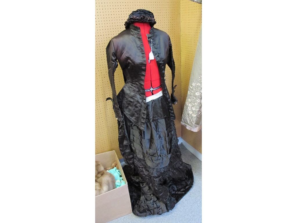 Appraisal: Victorian black silk jacket skirt and bonnet Victorian embroidered silk