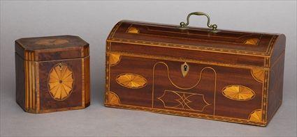 Appraisal: GEORGE III INLAID MAHOGANY TEA CADDY AND A FEDERAL MAHOGANY