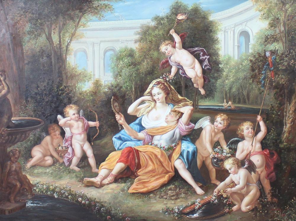 Appraisal: LARGE ALLEGORICAL PAINTING two figures surrounded by cupids Roman aqua