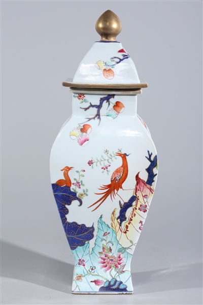 Appraisal: Chinese famille rose enameled porcelain faceted covered vase with birds