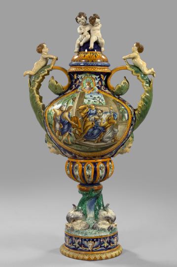 Appraisal: Monumental Italian Polychromed Majolica Covered Garniture Vase fourth quarter th