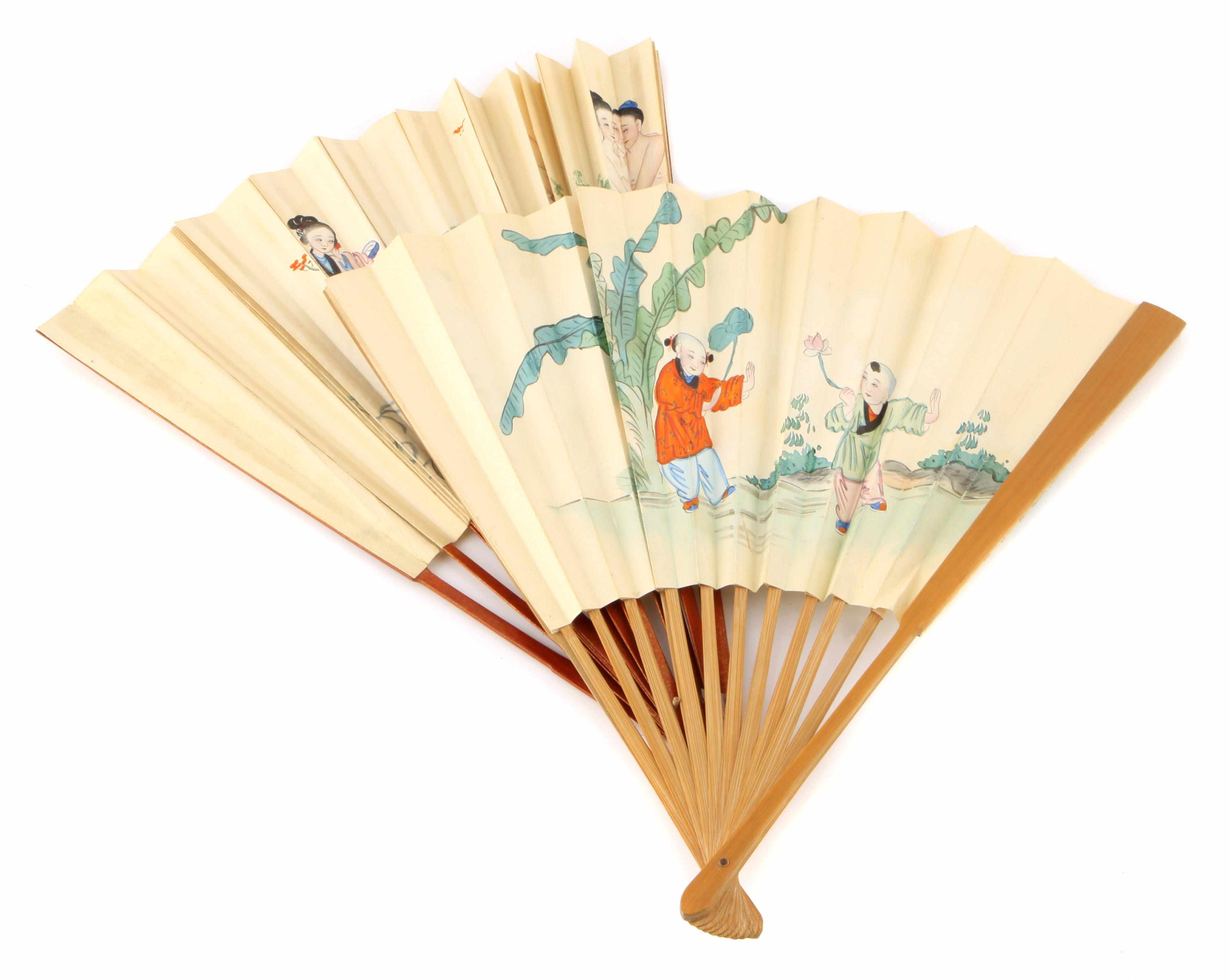 Appraisal: Two erotic folding fans Each displaying a picture of a