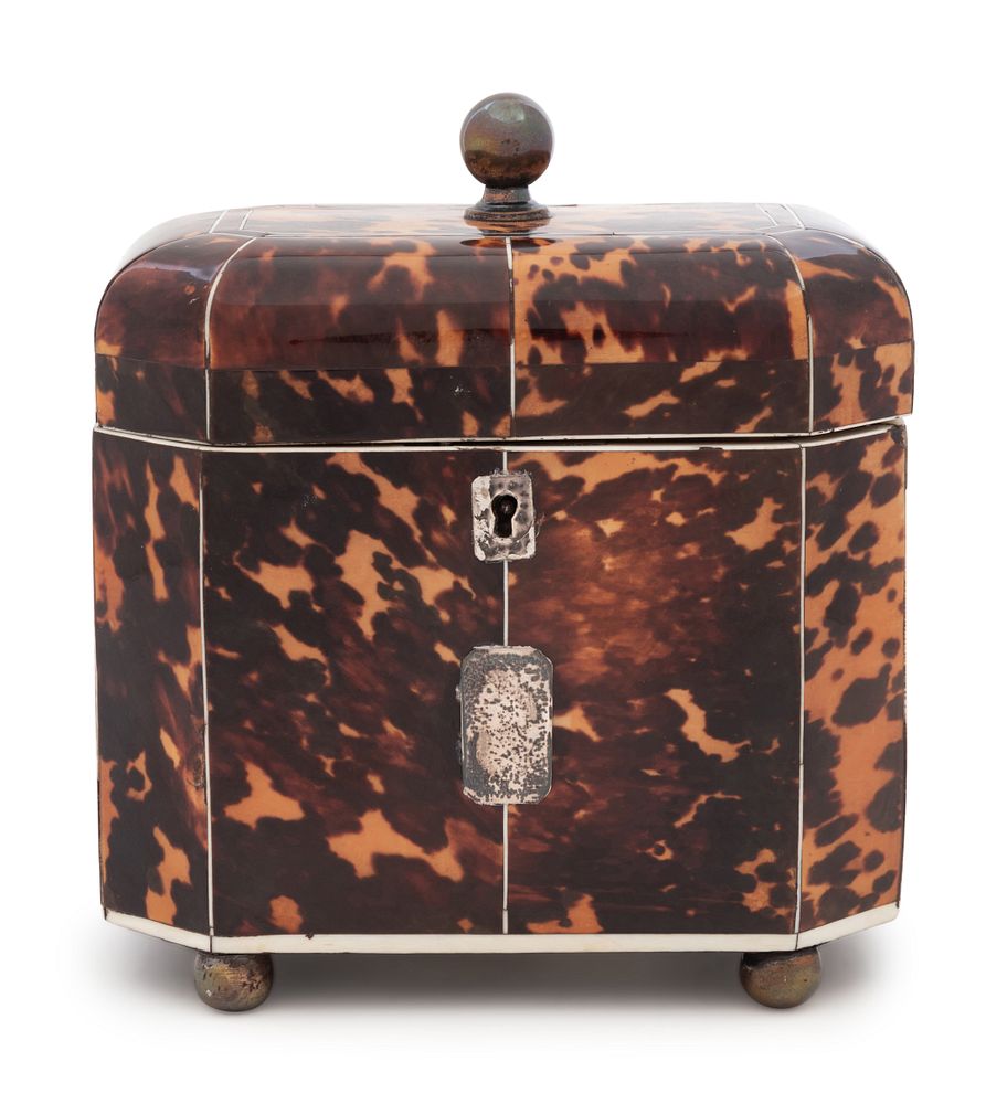 Appraisal: A Regency Tortoise Shell Veneered and Silver-Lined Tea Caddy A